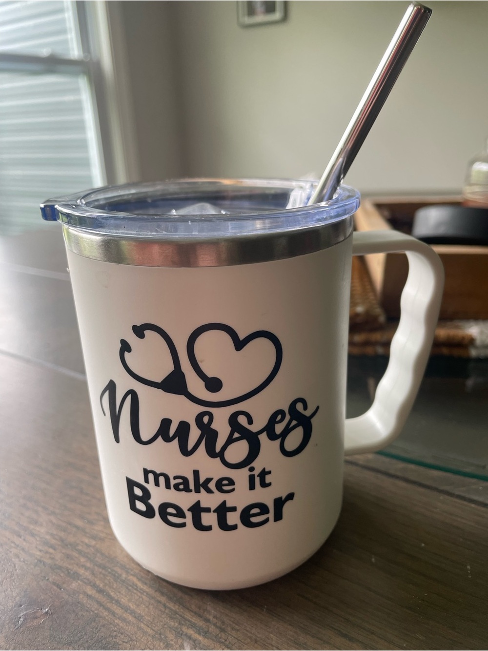 Nurse Gift- White "Nurses Make It Better" Mug with Metal Straw and Slide Top Lid